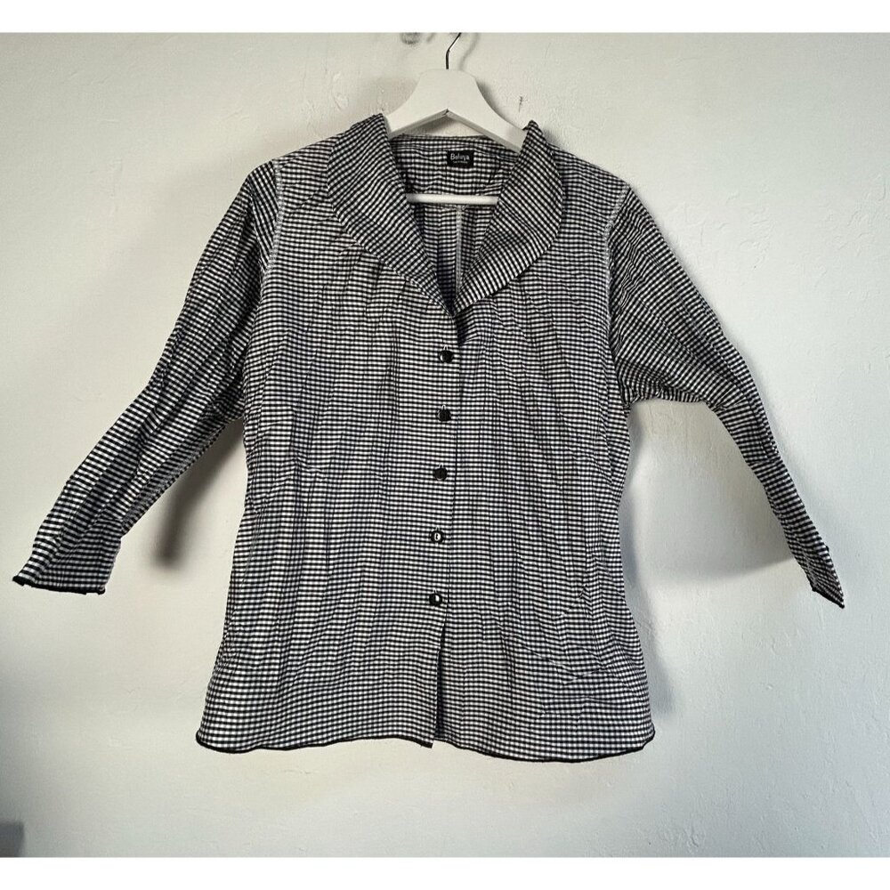 Beluva San Francisco Womens Black White Gingham Pleated Button-Up Blouse Medium